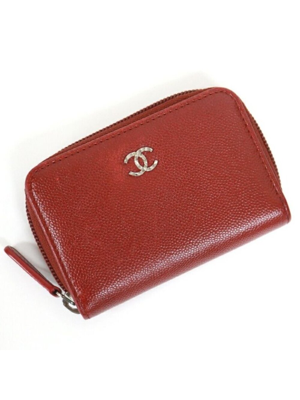 Chanel Caviar Leather Coin Purse Red Silver